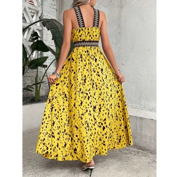 Allover Print Contrast Tape Split Thigh Maxi Dress Yellow - Picture 5 of 6